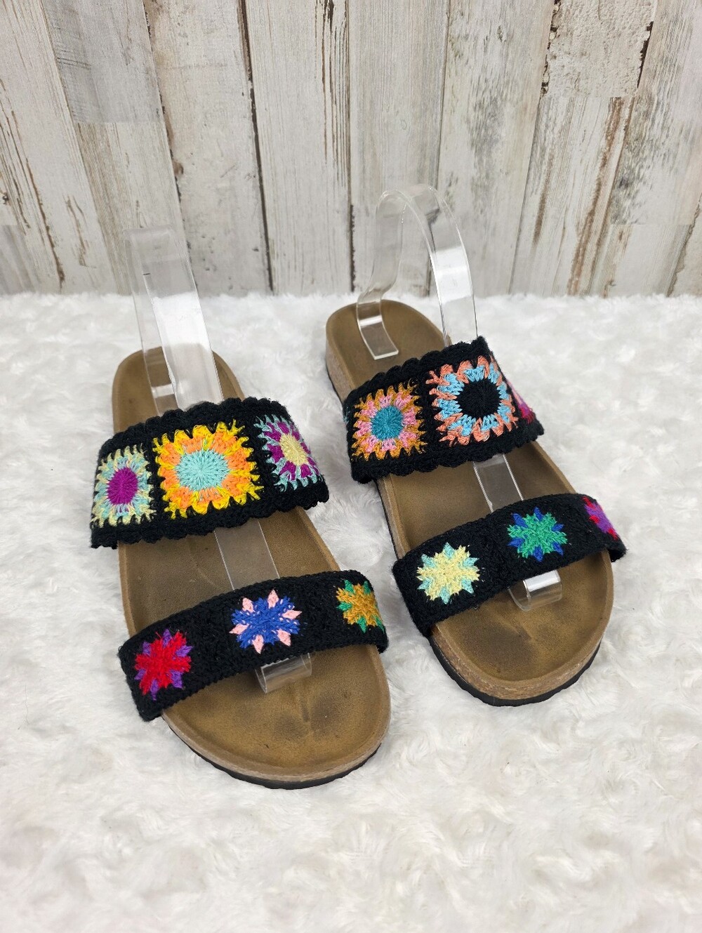 Black Crochet Boho Slide On Sandals Euro 43 US 12-12.5